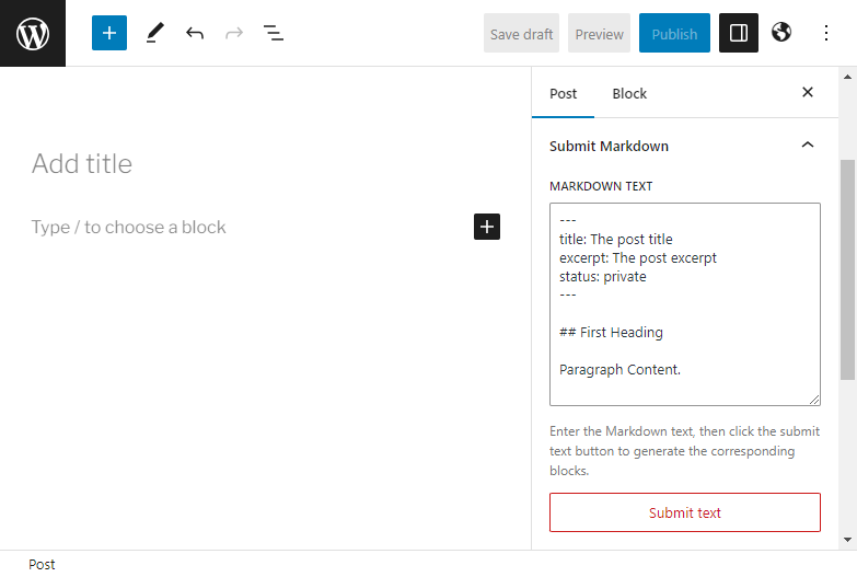 Markdown content with Front Matter key-value pairs is used to generate a block based article of WordPress.
