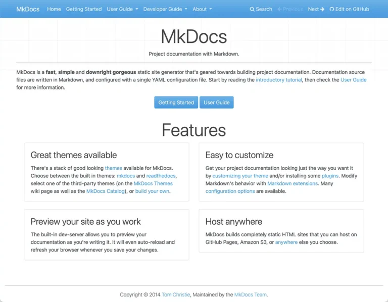 Homepage del generatore di siti statici MkDocs
