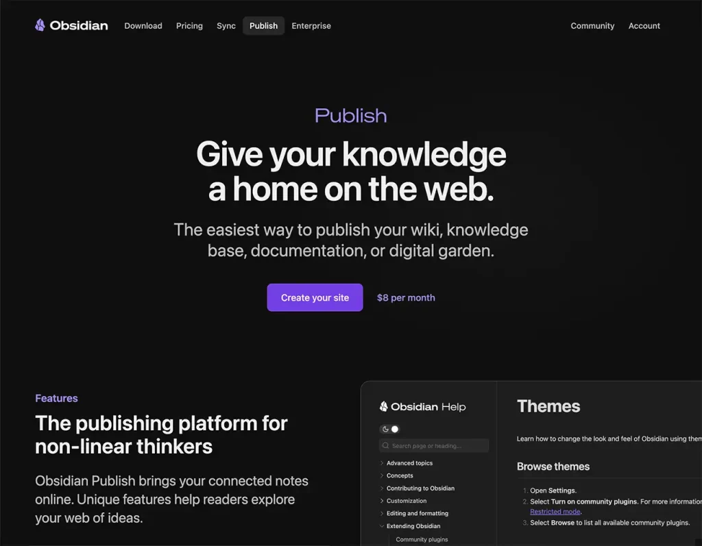 Homepage del servizio Obsidian Publish