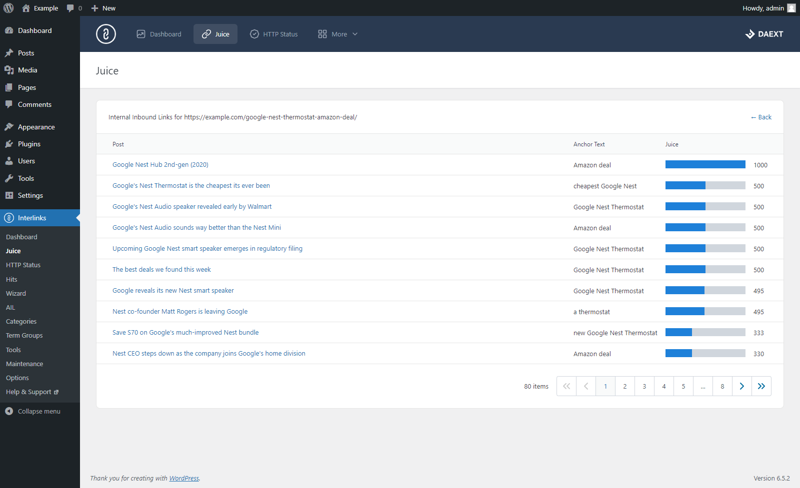 Menu “Juice” del plugin Interlinks Manager per WordPress con i dettagli sui link interni in entrata ricevuti da un determinato articolo.