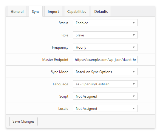 Il menu “Sync” del plugin Hreflang Manager per WordPress configurato per un sito secondario (slave).