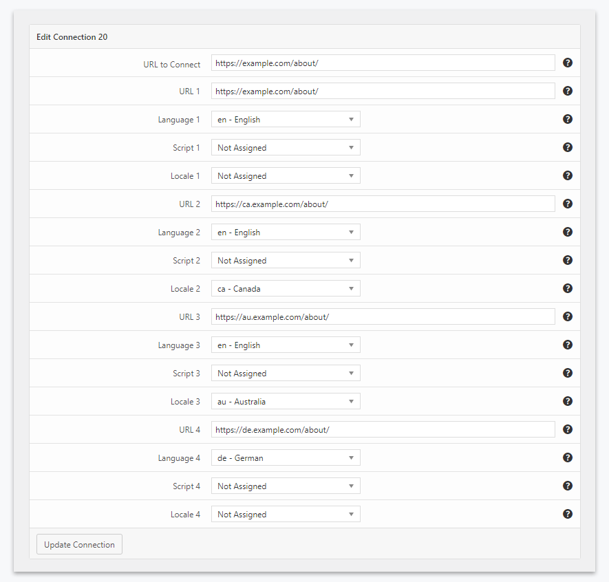Quattro versioni della pagina definite con il plugin Hreflang Manager per WordPress.