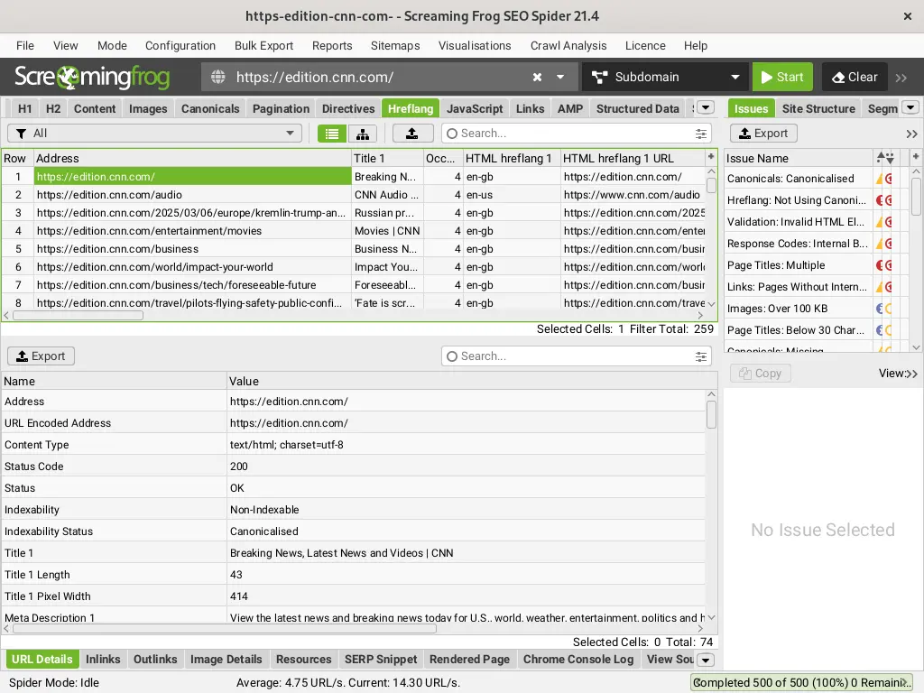 Nella scheda Hreflang del crawler Screaming Frog SEO Spider sono disponibili i dati hreflang trovati nelle pagine analizzate.