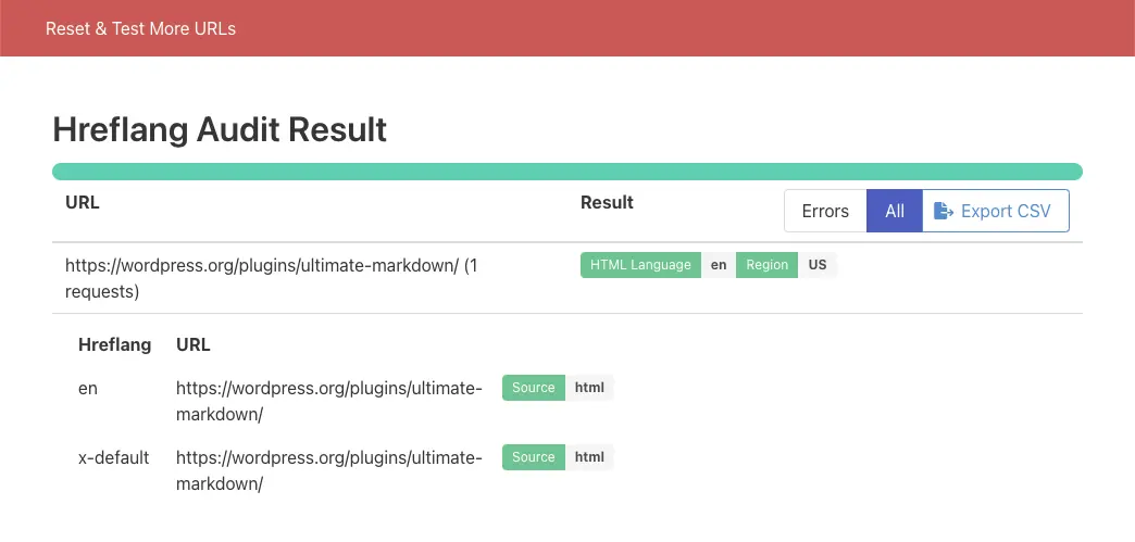 I dati hreflang della pagina analizzata con lo strumento hreflangchecker.com.