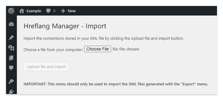 Il menu “Import” del plugin Hreflang Manager per WordPress.