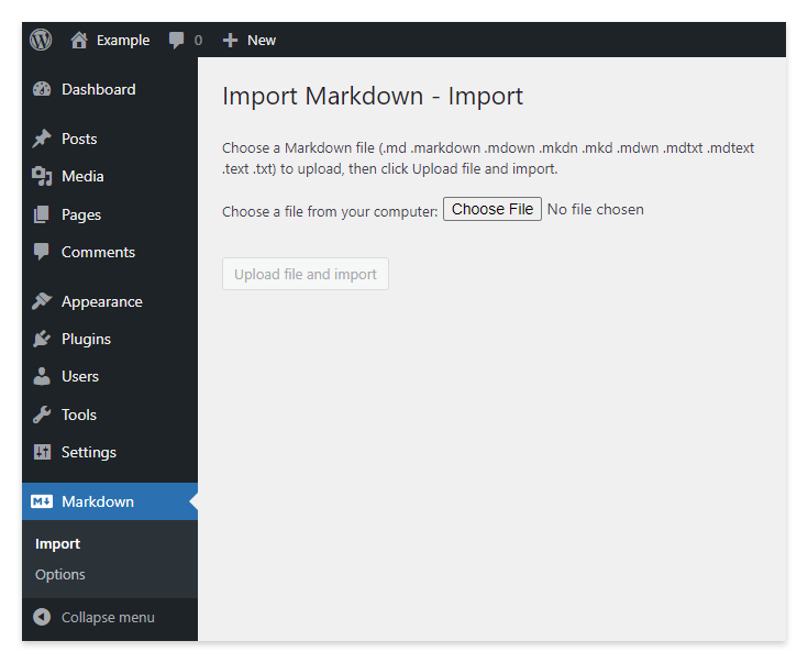 Il menu Import del plugin Import Markdown nel back-end di WordPress.