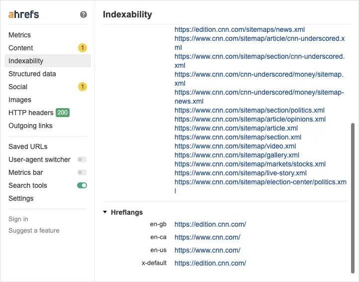 La scheda Indexability della Ahrefs SEO Toolbar mostra i dati hreflang della pagina.