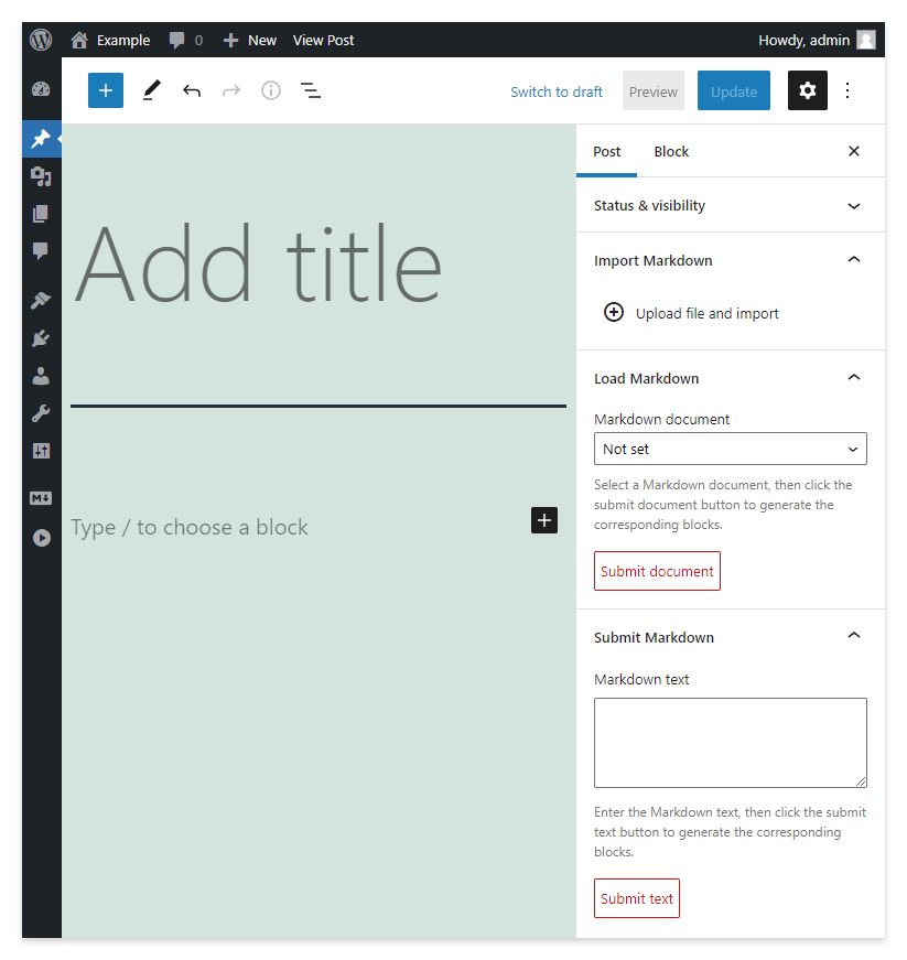 Gli strumenti di conversione da Markdown a Gutenberg del plugin Ultimate Markdown.