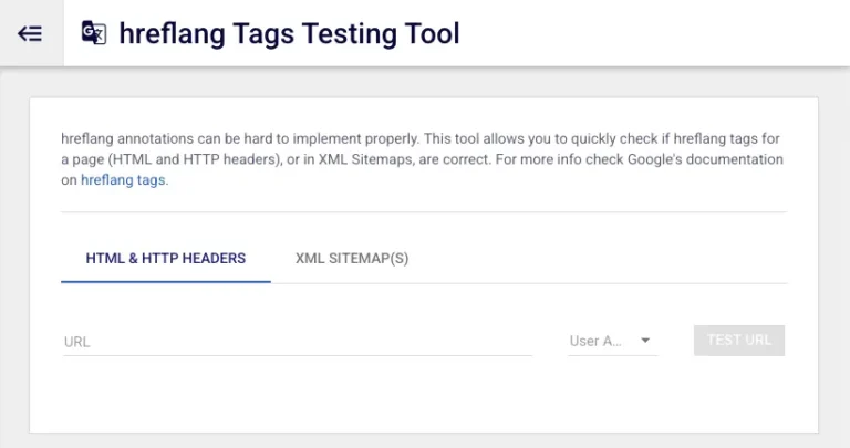 Il modulo fornito da Hreflang Tags Testing Tools per eseguire un controllo hreflang sui tag HTML e sulle intestazioni HTTP di una singola pagina.