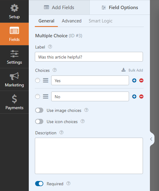 Il campo Multiple Choice di WPForms configurato per il nostro modulo di feedback dell’articolo.