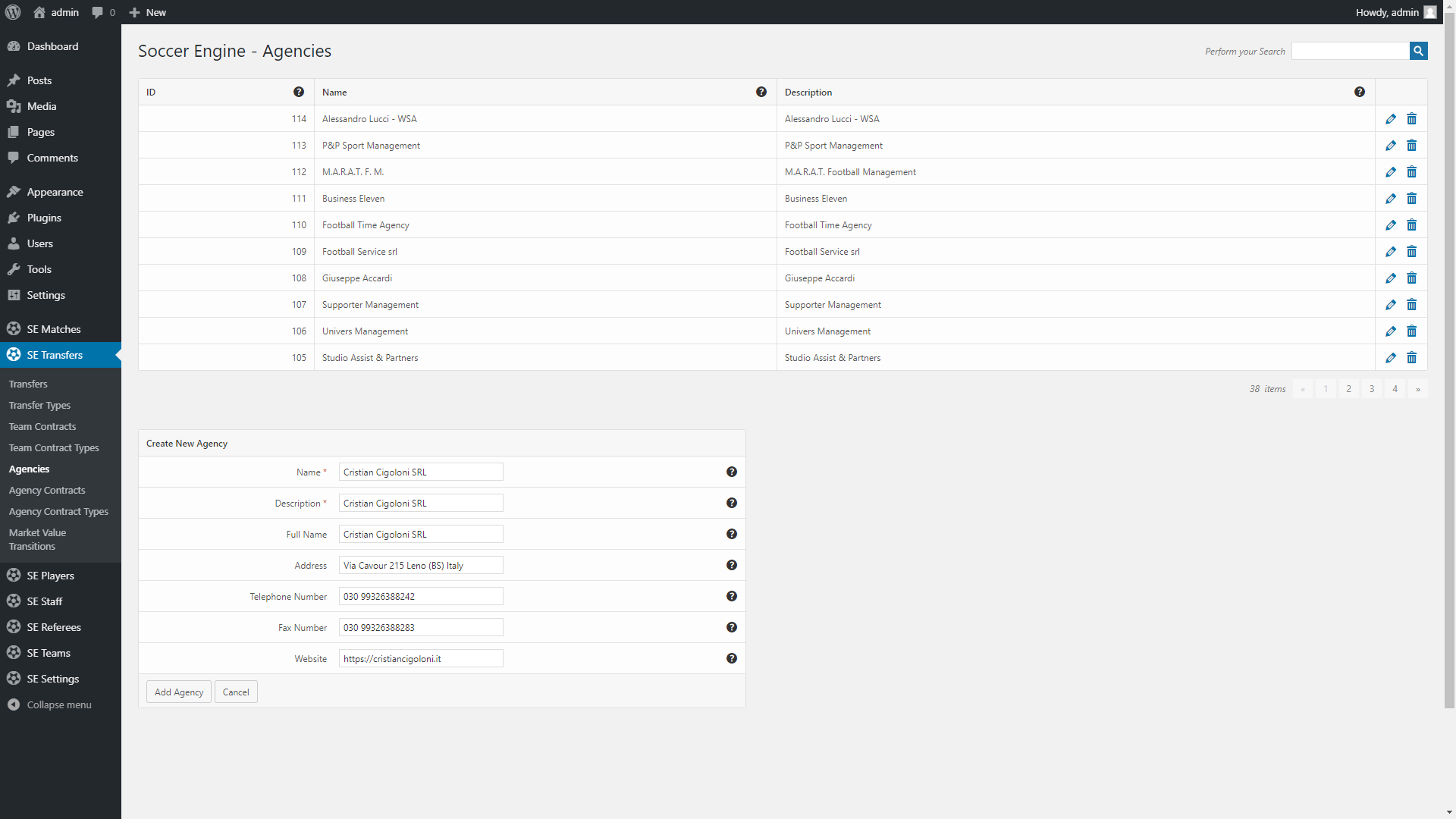 "Agencies" menu of the Soccer Engine plugin for WordPress.