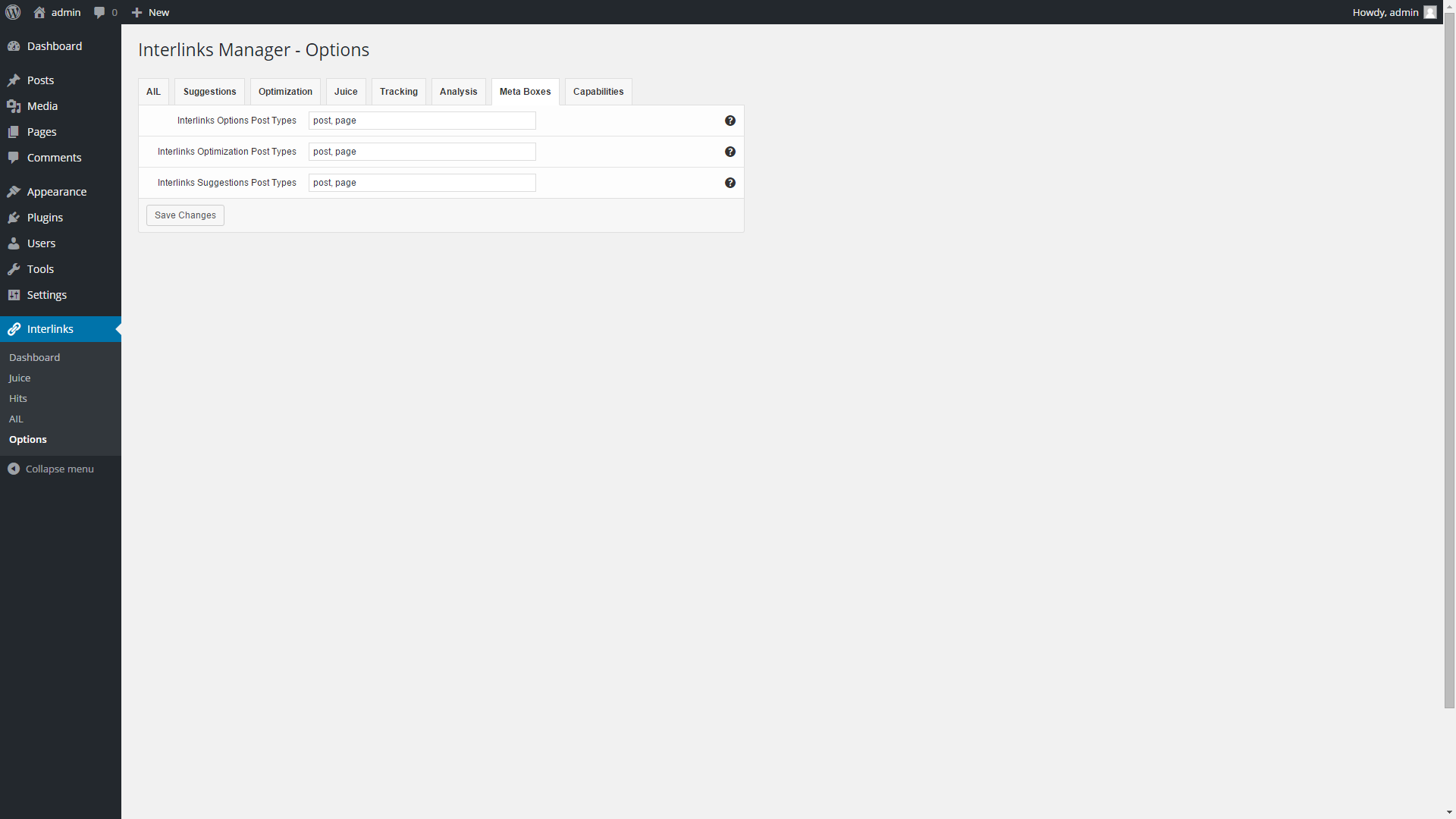 "Meta Boxes" tab in the plugin options of the Interlinks Manager plugin for WordPress.