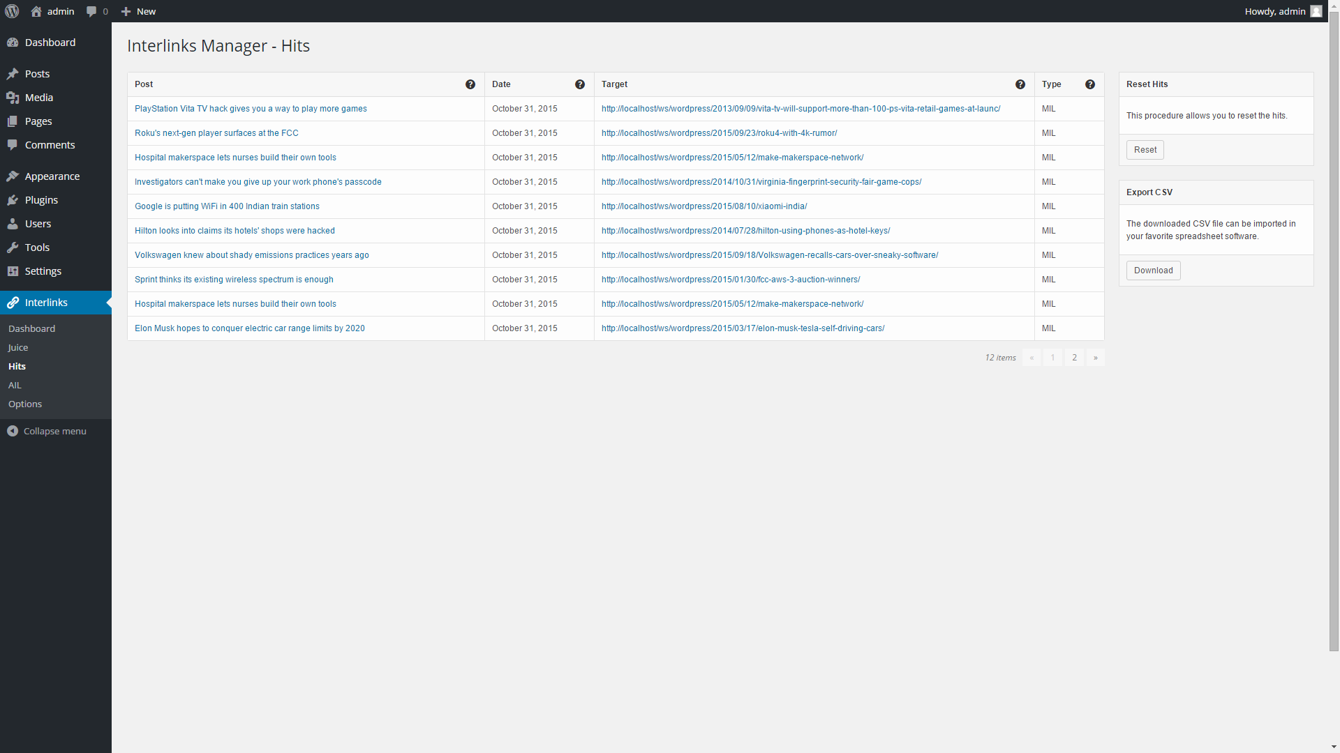"Hits" menu of the Interlinks Manager plugin for WordPress.