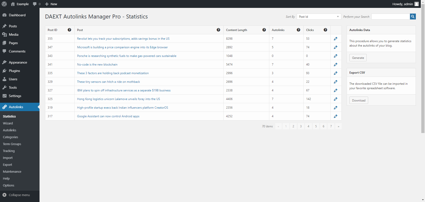 "Statistics" menu of the Autolinks Manager plugin for WordPress.