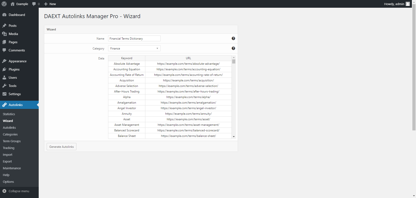 "Wizard" menu of the Autolinks Manager plugin for WordPress.