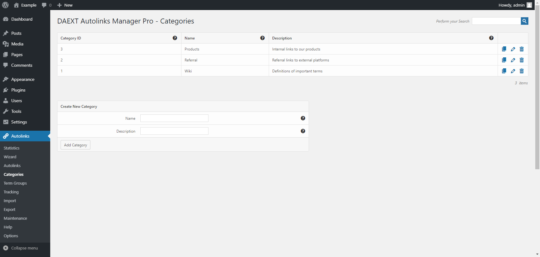 "Categories" menu of the Autolinks Manager plugin for WordPress.