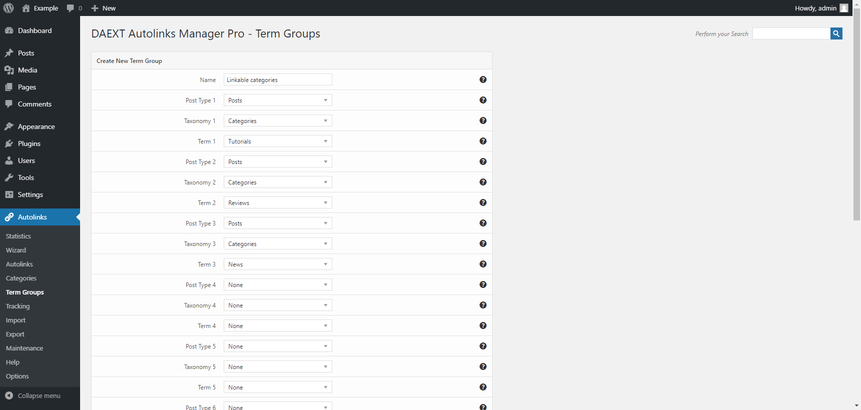 "Term Groups" menu of the Autolinks Manager plugin for WordPress.