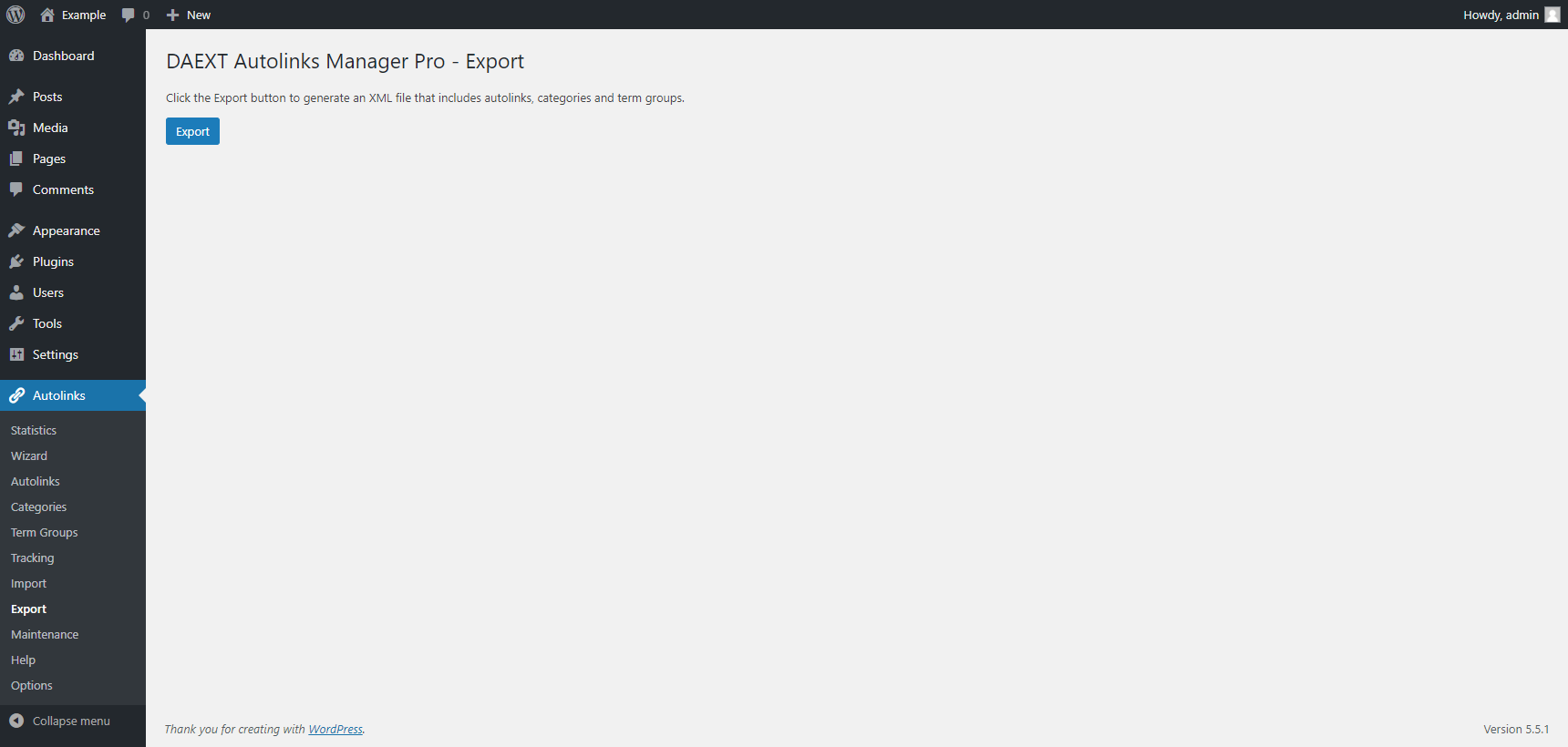 "Export" menu of the Autolinks Manager plugin for WordPress.