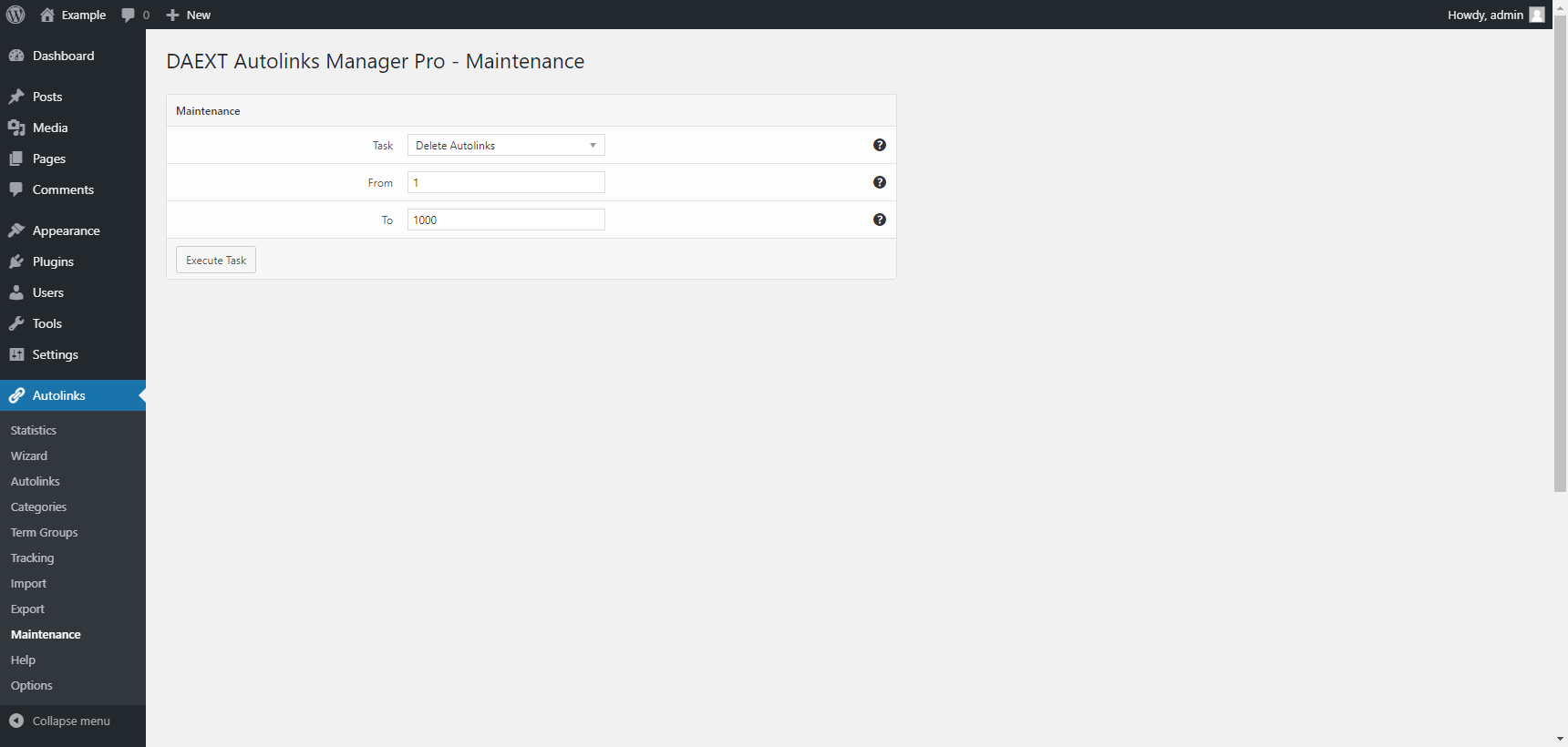 "Maintenance" menu of the Autolinks Manager plugin for WordPress.