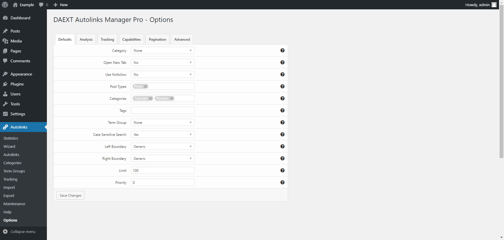 "Defaults" tab in the plugin options of the Autolinks Manager plugin for WordPress.