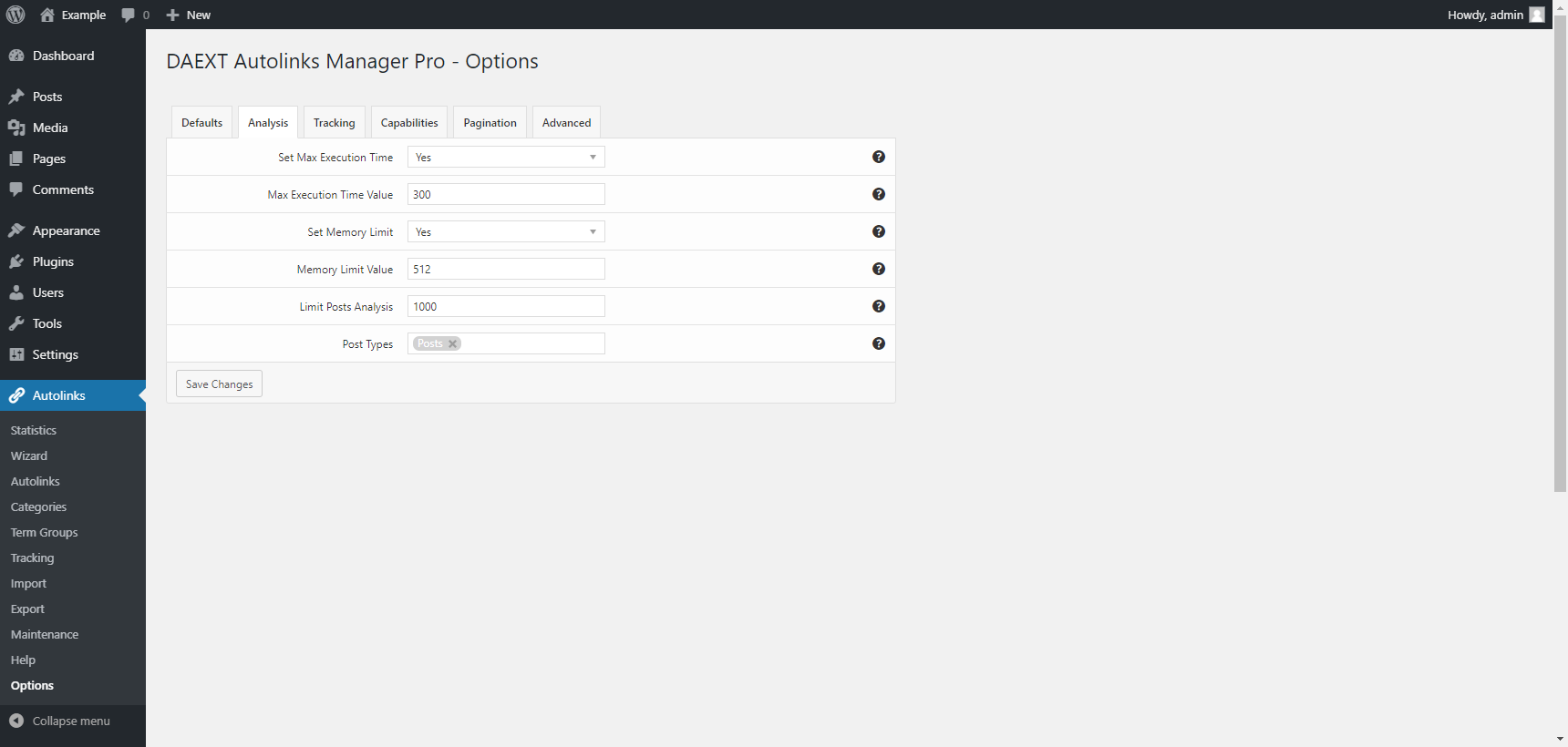 "Analysis" tab in the plugin options of the Autolinks Manager plugin for WordPress.