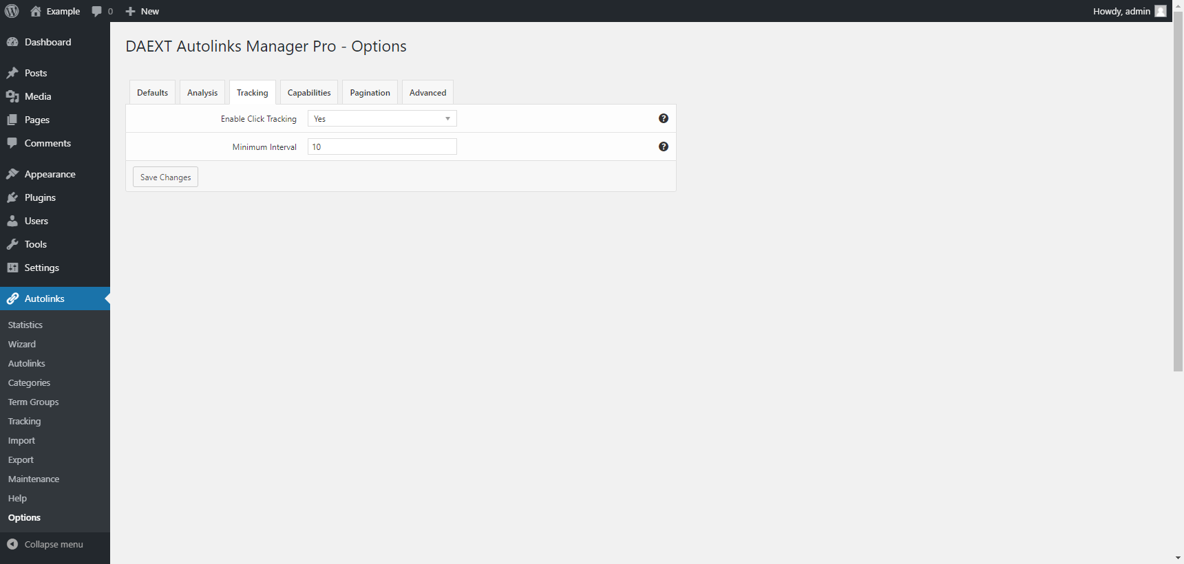 "Tracking" tab in the plugin options of the Autolinks Manager plugin for WordPress.