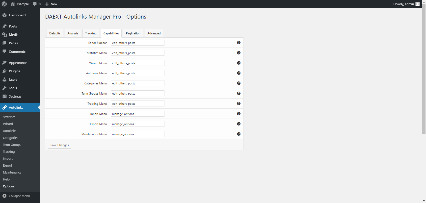 "Capabilities" tab in the plugin options of the Autolinks Manager plugin for WordPress.
