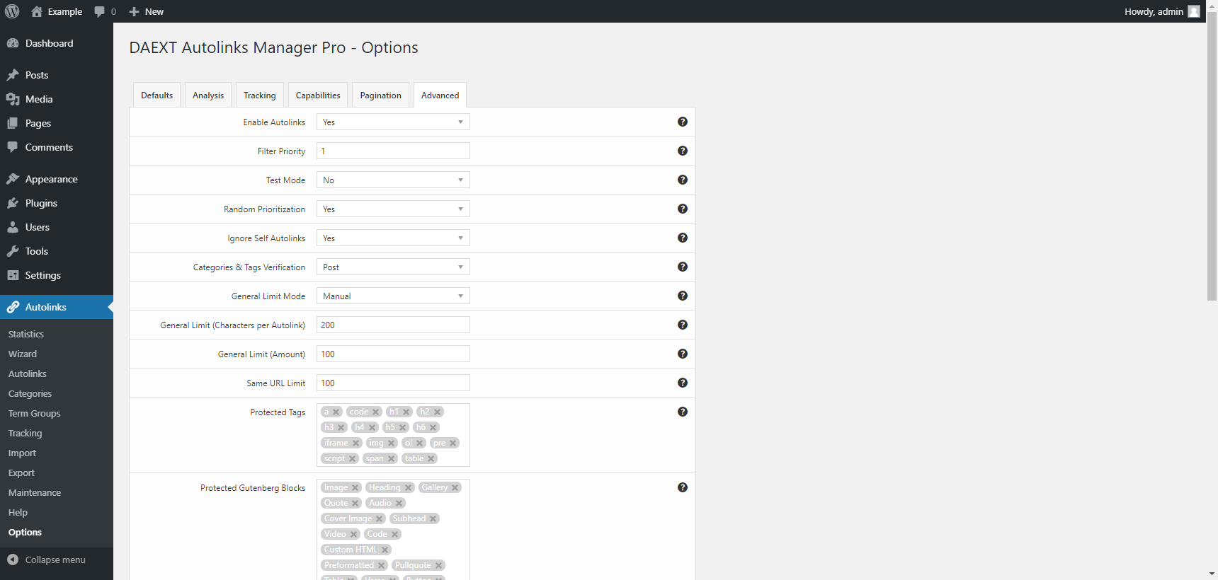 "Advanced" tab in the plugin options of the Autolinks Manager plugin for WordPress.