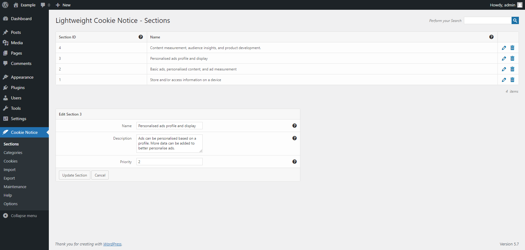 "Sections" menu of the Lightweight Cookie Notice plugin for WordPress.