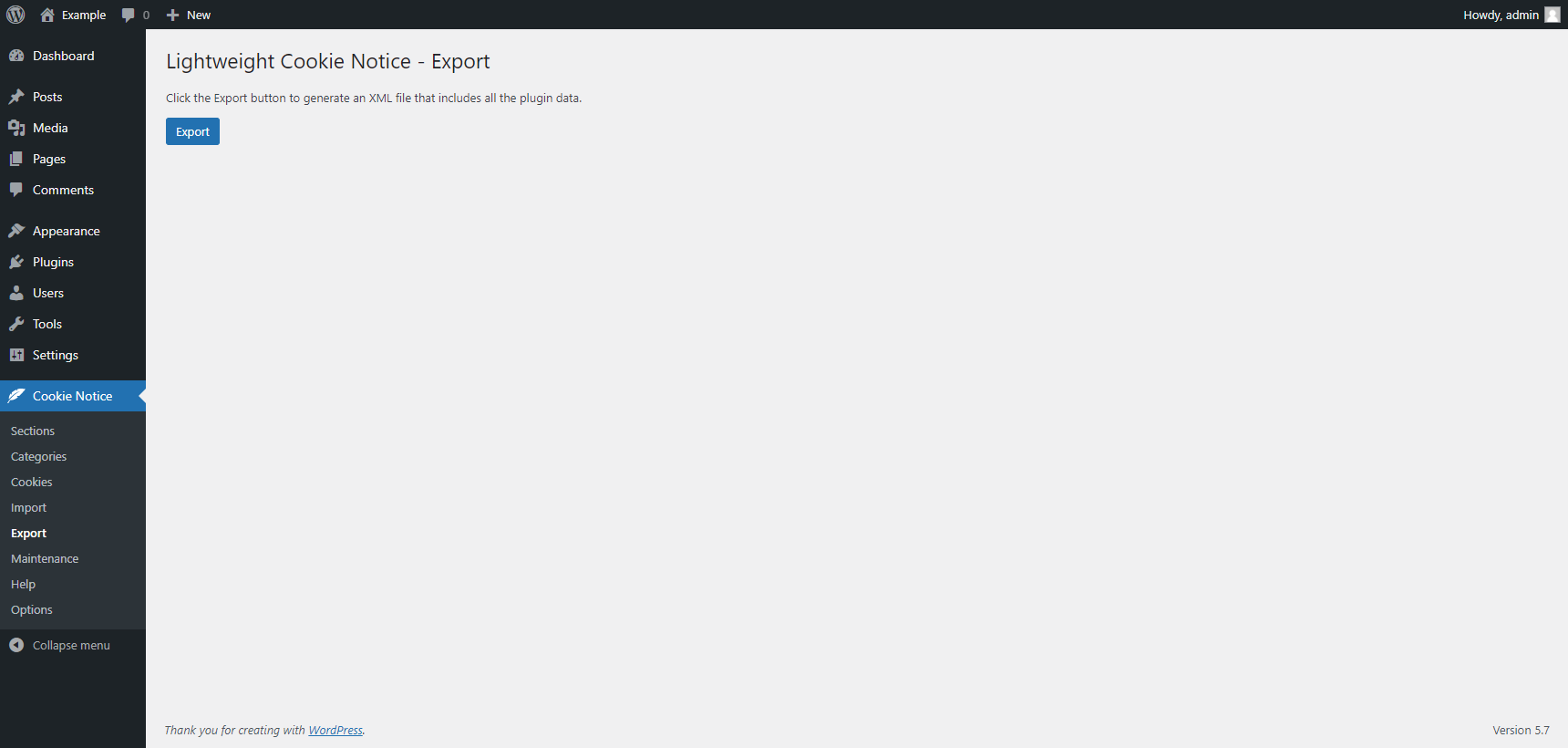 "Export" menu of the Lightweight Cookie Notice plugin for WordPress.