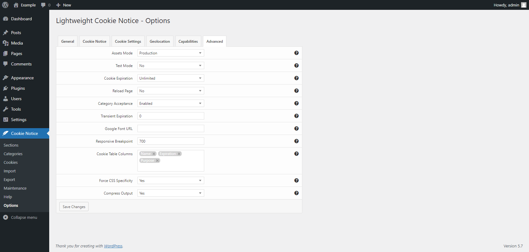 "Advanced" tab in the plugin options of the Lightweight Cookie Notice plugin for WordPress.