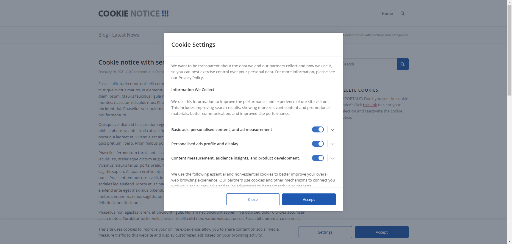 The modal window used to configure the cookie preferences in the front-end of the WordPress site.