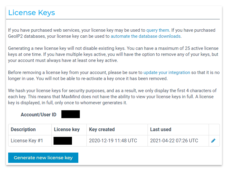 The "License Key" page in the MaxMind website.
