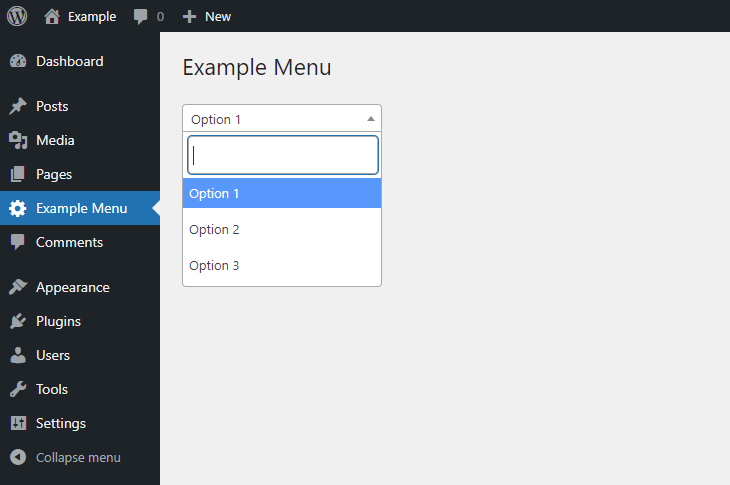 A simple Select2 control in a WordPress administrative menu.