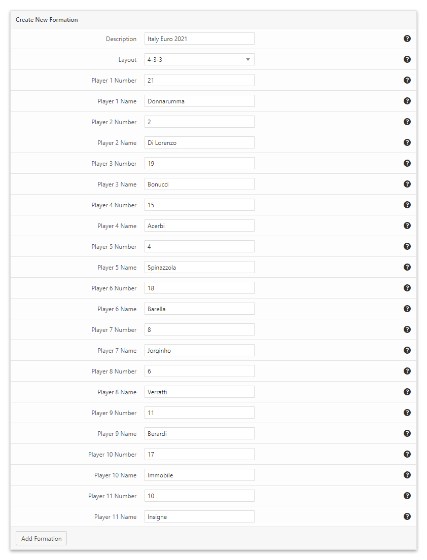 The Formations menu of the Soccer Formation VE plugin for WordPress with all the players of a team.