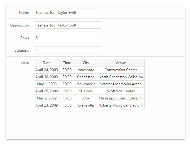 The dates of the tour in the back-end editor