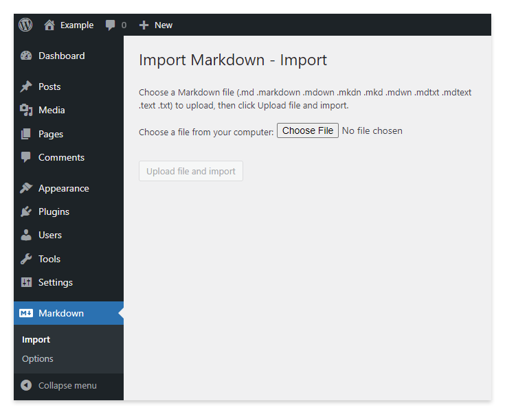 The Import menu of the Import Markdown plugin in the WordPress back-end.