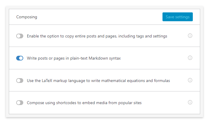 The toggle used to enable Markdown functionalities with Jetpack in the WordPress back-end