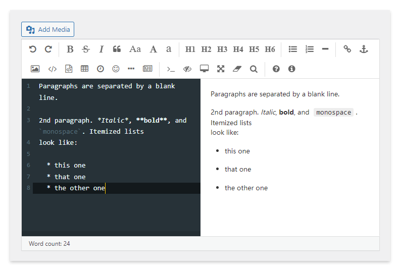 The WordPress editor with the WP Editor.md plugin enabled and a dark theme.