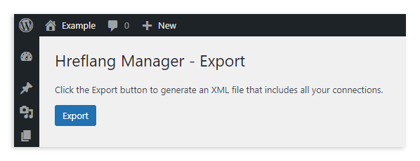"Export" menu of the Hreflang Manager plugin for WordPress.