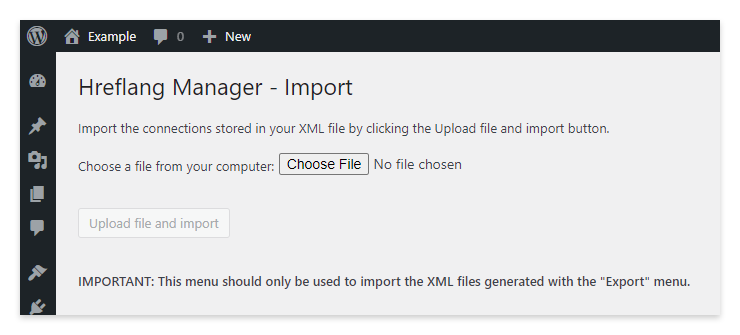 The "Import" menu of the Hreflang Manager plugin for WordPress.