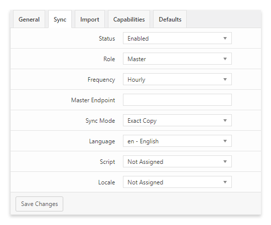 The "Sync" menu of the Hreflang Manager plugin for WordPress configured for a master website.