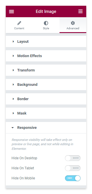 The Responsive section of the Elementor Website Builder plugin for WordPress.