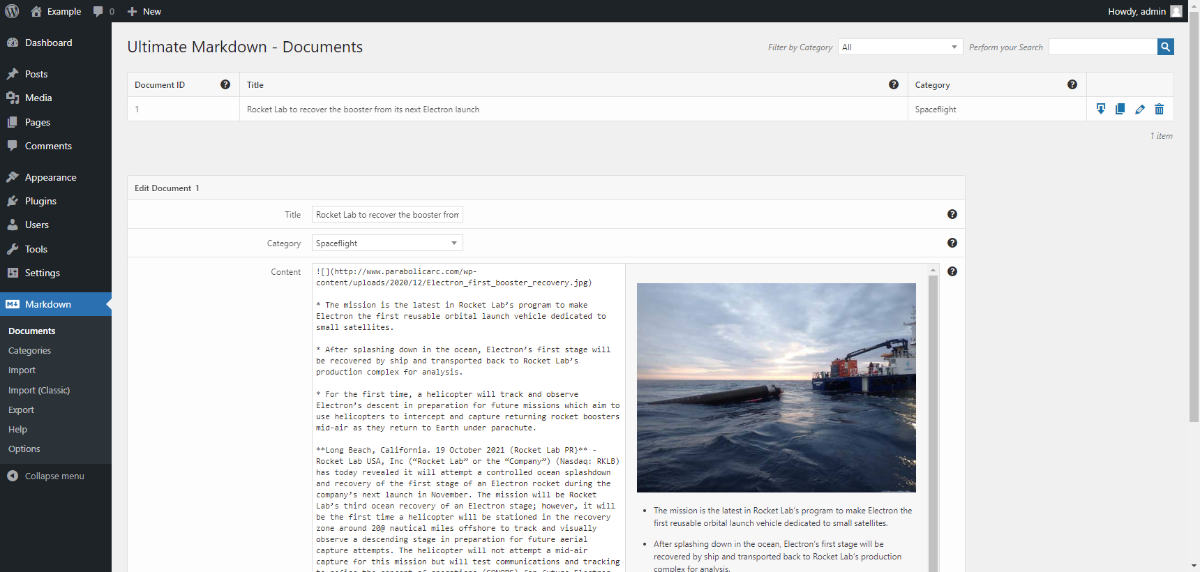 "Documents" menu of the Ultimate Markdown plugin for WordPress
