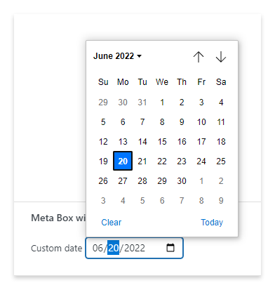 The date picker UI is rendered by the Chrome browser in a WordPress meta box
