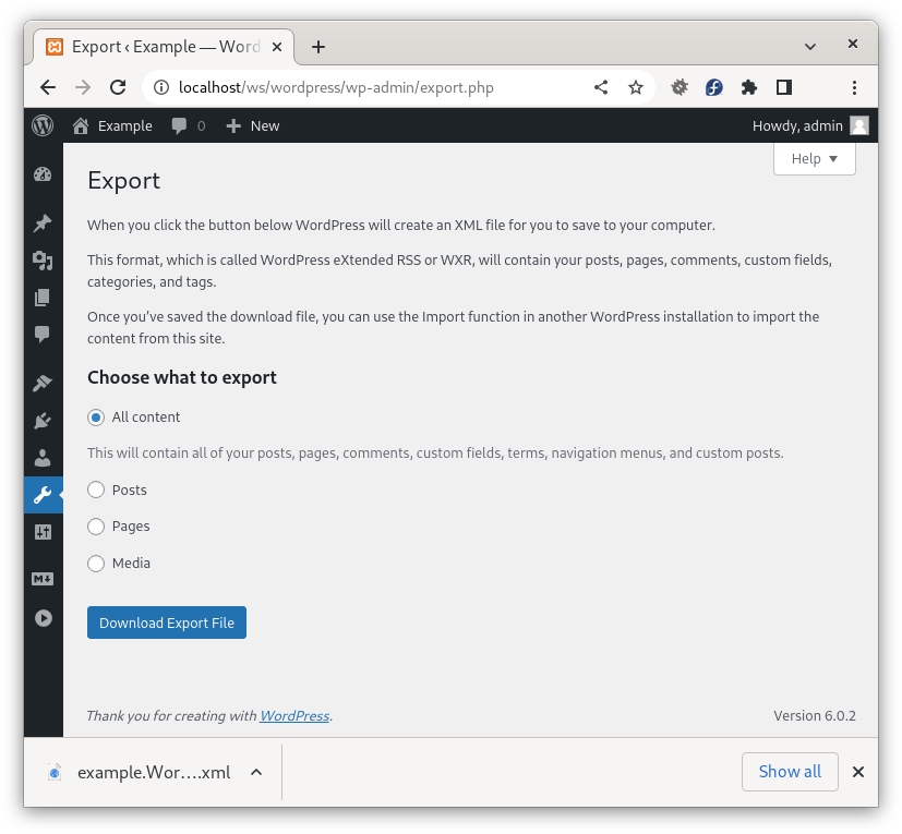 The Tools -> Export menu in the WordPress back-end and the downloaded export in XML format.