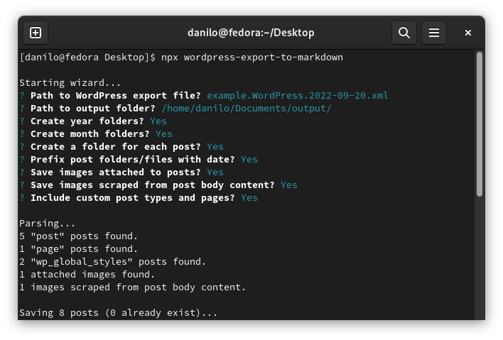 The command line wizard of the "wordpress-export-to-markdown" script in a Linux machine.
