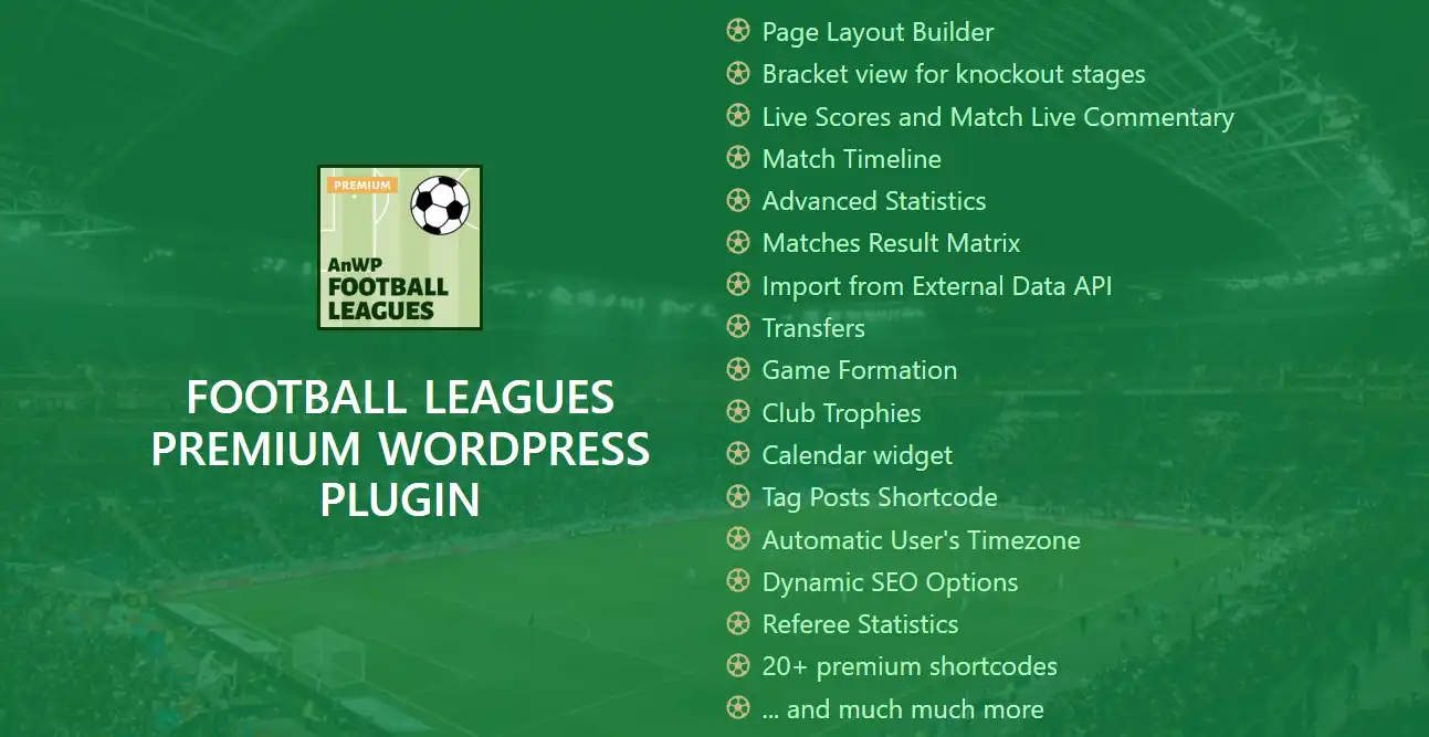 AnWP Football Leagues features described in the plugin official website.