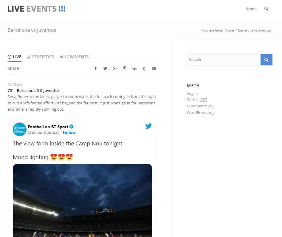 A soccer event created with the Live Events plugin for WordPress.