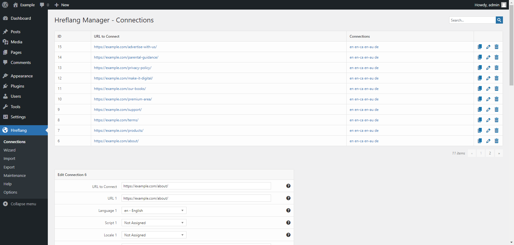 "Connections" menu of the Hreflang Manager plugin for WordPress.